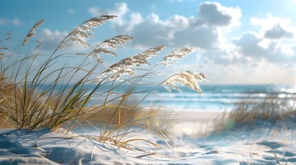 Serene Seaside Landscape with Swaying Grasses and Distant Ocean View