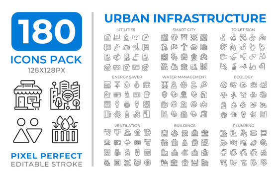 Urban infrastructure line icons set collection. Ecology, buildings. Energy saving. Smart city utilities mega pack of linear pictograms, pixel perfect. Isolated vector illustrations. Editable stroke