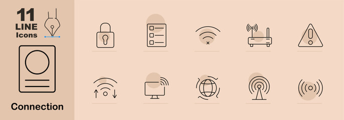 Connection set icon. Lock, checklist, wifi off, router, warning, wifi signal, upload, monitor, globe, antenna, technology, security, internet, network, digital, online, data, wireless, alert, web