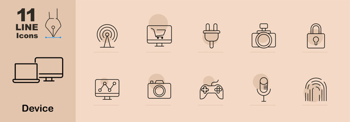 Device icons set. Laptop and monitor, antenna, online shopping, power plug, camera, lock, analytics, game controller, microphone, fingerprint scanner. Linear technology illustrations