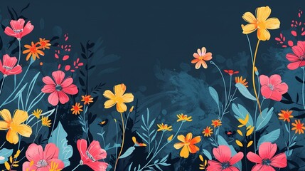 Obraz premium Abstract Watercolor Painting of Yellow and Pink Flowers on a Dark Blue Background