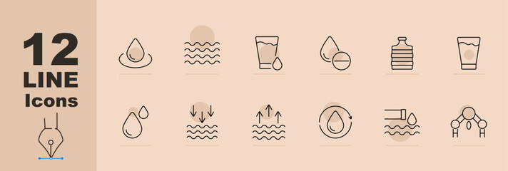 Hydration set icon. Drop on surface, waves, water drop with glass, hydration supplement, bottled water, drink, arrows in water, water cycle, molecular structure