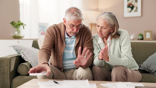 Senior couple, home and calculator with document in living room for finances on water or electricity bills. People, relationship and paperwork with invoice for bank loan or mortgage and interest rate