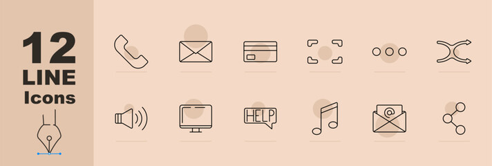 Messaging set icon. Phone, envelope, credit card, message icon, volume, computer, help chat, music note, email, share