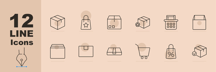Packaging set icon. Box, shopping bag with star, product box with location, package with star, calendar, ecommerce package, shipment box, verified package, ecommerce basket, percentage tag, package