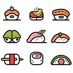 Nine colorful vector illustrations various sushi types. Sushi set includes nigiri, maki, sashimi featuring salmon, tuna, avocado. Illustrations simplified bold outlines, flat colors, ideal menus