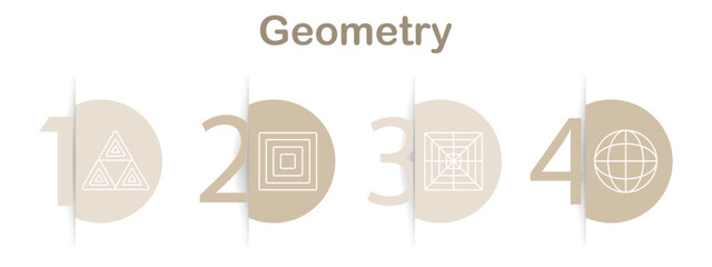 Geometry set icon. Triangles, nested squares, perspective grid, globe, shapes, mathematics, design, structure, patterns, abstract, geometry, symbols, visual art, education, geometry tools, graphics
