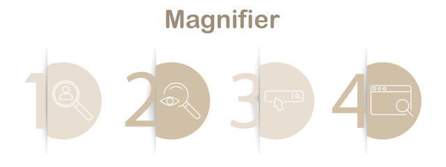 Fototapeta premium Magnifying tools line icons. Magnifier with checkmark, network, arrow growth, user search, search bar, cube search, simple magnifier, magnifier with eye, clipboard, info search, mobile magnifier