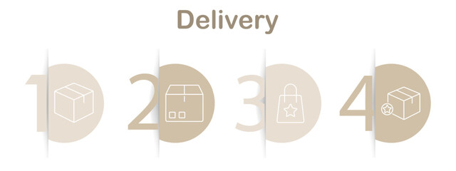 Delivery icons set. Shopping cart, delivery box, closed package, shopping bag, parcel with checkmark, empty basket, online shopping. Linear delivery illustrations.