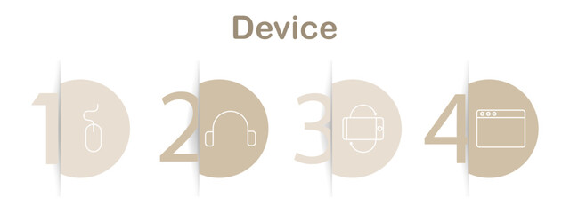 Device icons set. Laptop, tablet, webcam, computer mouse, smartwatch, keyboard, router, headphones, monitor, touch screen, smartphone. Linear technology illustrations