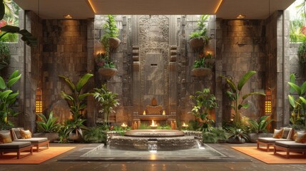 Background of ancient architecture, featuring the intricate stone carvings of an Indonesian temple, reflects the rich cultural heritage of East Java with a vintage design