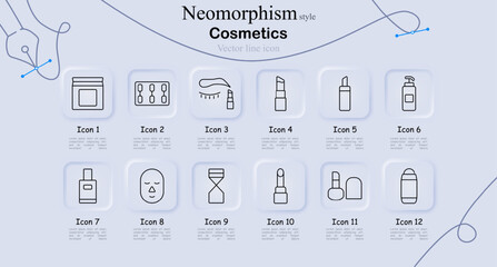 Cosmetics icon set in neomorphism style. Cream jar, lotion pump, mascara, eyeshadow, lipstick, face serum, vector line art, beauty products, skincare, personal care, grooming