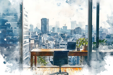 A painting of a city skyline with a desk in the foreground