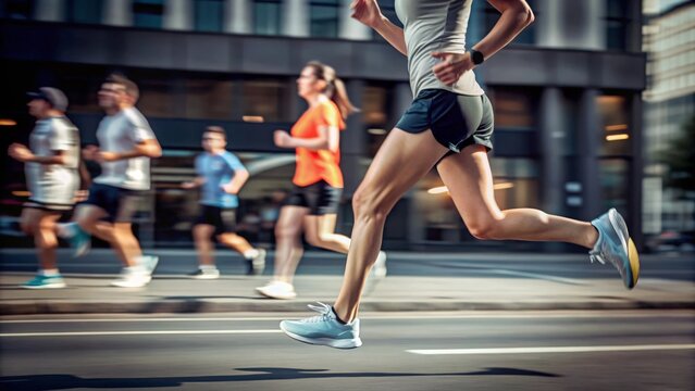 Runner's Legs in Action on Busy Urban Road

