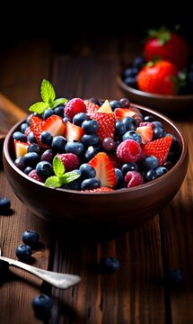 Fruit salad in a bowl with blueberries on a wooden table