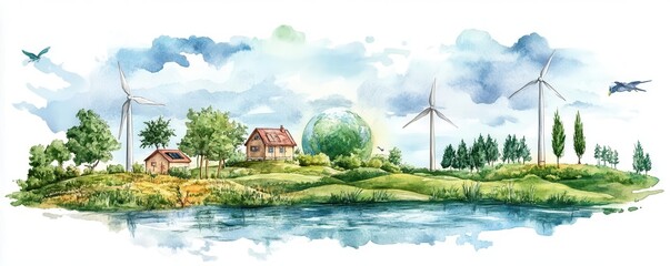 A serene landscape featuring a house, trees, wind turbines, and a calm lake, capturing the essence of sustainability and nature.