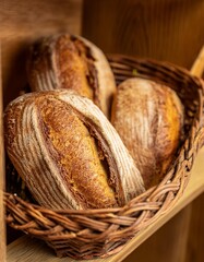 Primer plano de pan artesano recién horneado en una panadería 