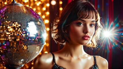 Fototapeta premium Disco glam with model in shimmering lingerie retro disco ball effect lively dance pose festive