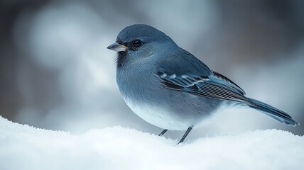Small Blue Bird On Snowy Branch
