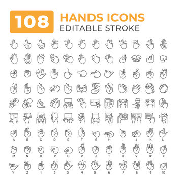 Devices holding hands gestures line icons big set. Using gadgets. Finger touchscreen. Deaf sign language asl iconset outline pictograms. Isolated linear vector illustrations. Editable stroke