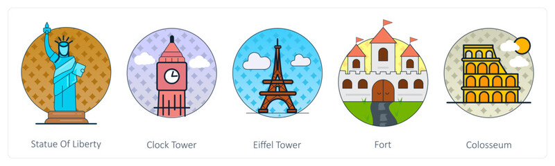 A set of 5 Mix icons as stature of liberty, clock tower, eiffel tower