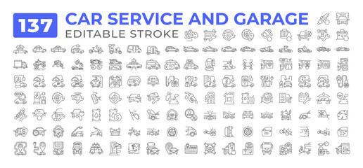 Car service and garage line icons big set. Auto accident. Automotive repair. Oil gasoline. Taxi rent. Electric vehicle iconset outline pictograms. Isolated linear vector illustrations. Editable stroke