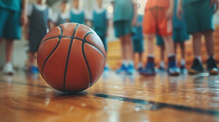 Obraz premium Young basketball players practice on a wooden court while a group of children watch in an indoor sports facility.