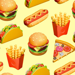 3d fastfood realistic render seamless pattern. Streetfood vector texture background