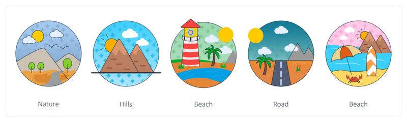 A set of 5 Mix icons as nature, hills, beach