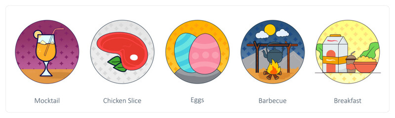 A set of 5 Mix icons as mocktail, chicken slice, eggs