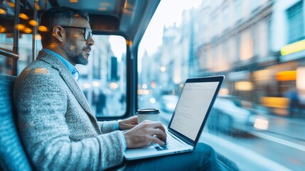 Man working on a laptop while riding a bus, focused expression, holding a coffee cup, rain-streaked window creating a serene urban atmosphere, blurred city lights outside.
