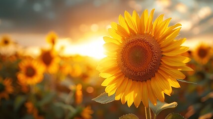 Obraz premium Detailed shot of sunflower against colorful evening horizon.