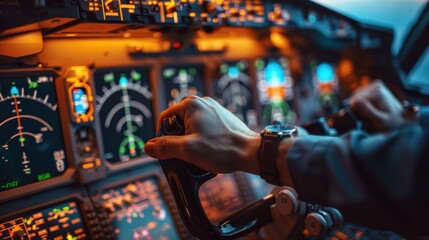 Naklejka premium The pilot's arm that controls the plane to prepare for takeoff, inside the cockpit.