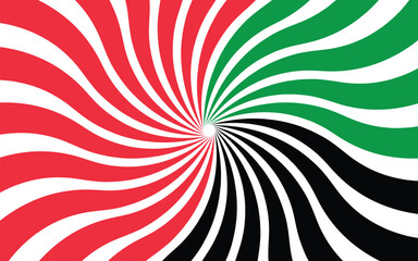 Vibrant Spiraling Retro Sunburst UAE Flag Abstract Background in red, green, white, and black.