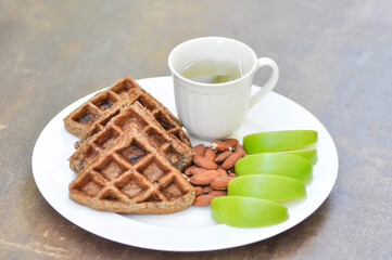 waffle with apple and tea or riceberry waffle , Chocolate Banana Whole Wheat Waffle and almond