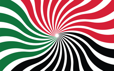 Vibrant Spiraling Retro Sunburst Sudanese Flag Abstract Background in red, white, black, and green.