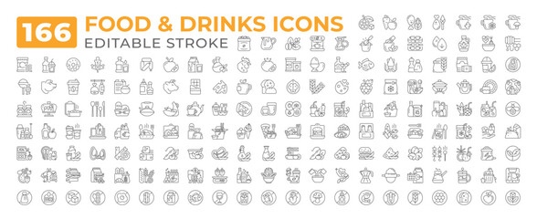 Food and drinks line icons big set. Fastfood. Cooking ingredients. Allergen free. Coffee. Beverage healthy eating iconset outline pictograms. Isolated linear vector illustrations. Editable stroke