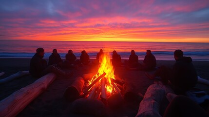 Beach bonfire gathering, friends seated around a vibrant fire, silhouetted against a stunning sunset, waves lapping gently in the background, creating a serene atmosphere.