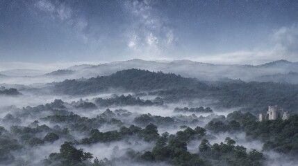 Obraz premium Misty Castles Under Starry Sky