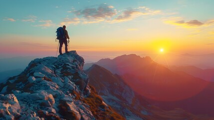 Fototapeta premium Hiker Reaching Mountain Peak at Sunrise Embracing New Beginnings and Opportunities
