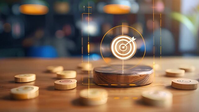 A target icon with an arrow, surrounded by wooden discs, representing a business goal.