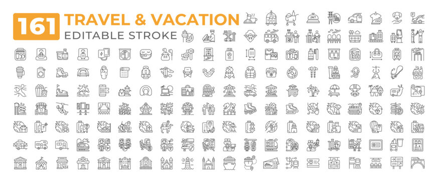 Travel vacation line icons big set. Transport tourism hiking. Hotel tropical. Entertainment landmarks sightseeing iconset outline pictograms. Isolated linear vector illustrations. Editable stroke