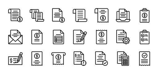 Invoice, bill, receipt, tax and payment icon set vector illustration concept editable stroke and isolated on white background simple line vector symbol