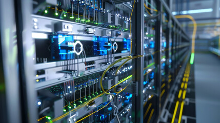 A computer server room with many cables and wires. The room is very dark and the cables are blue and yellow.