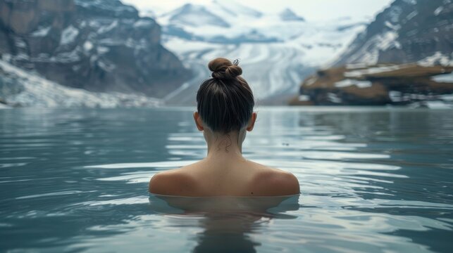Behind the scenes, a young woman takes a bath to acclimate herself in winter, blurred amidst snow-covered mountains.
