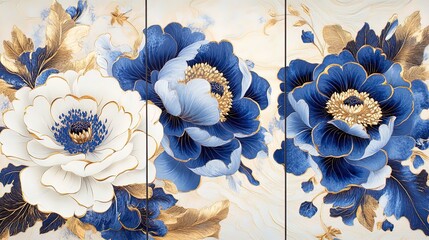 Decorative Floral Triptych with Blue and Gold Flowers - Perfect for Elegant Interior Design