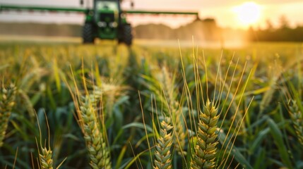 Focus on green wheat. Tractor background in wheat field for spraying herbicide, insecticide and fungicide in green wheat field