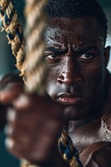 Muscular Man Working Out with Battle Ropes at the Gym Generative AI