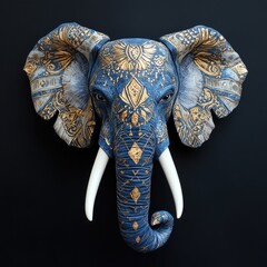 Obraz premium Watercolor painting of indian elephant with gold pattern on black background, Ganesh Chaturthi. Elephant festival in India. Illustration for design banner poster greeting card, print
