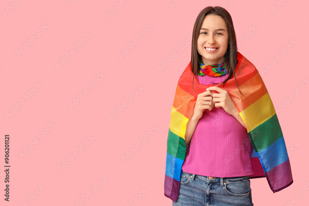 Sticker Beautiful young woman with LGBT flag on pink background